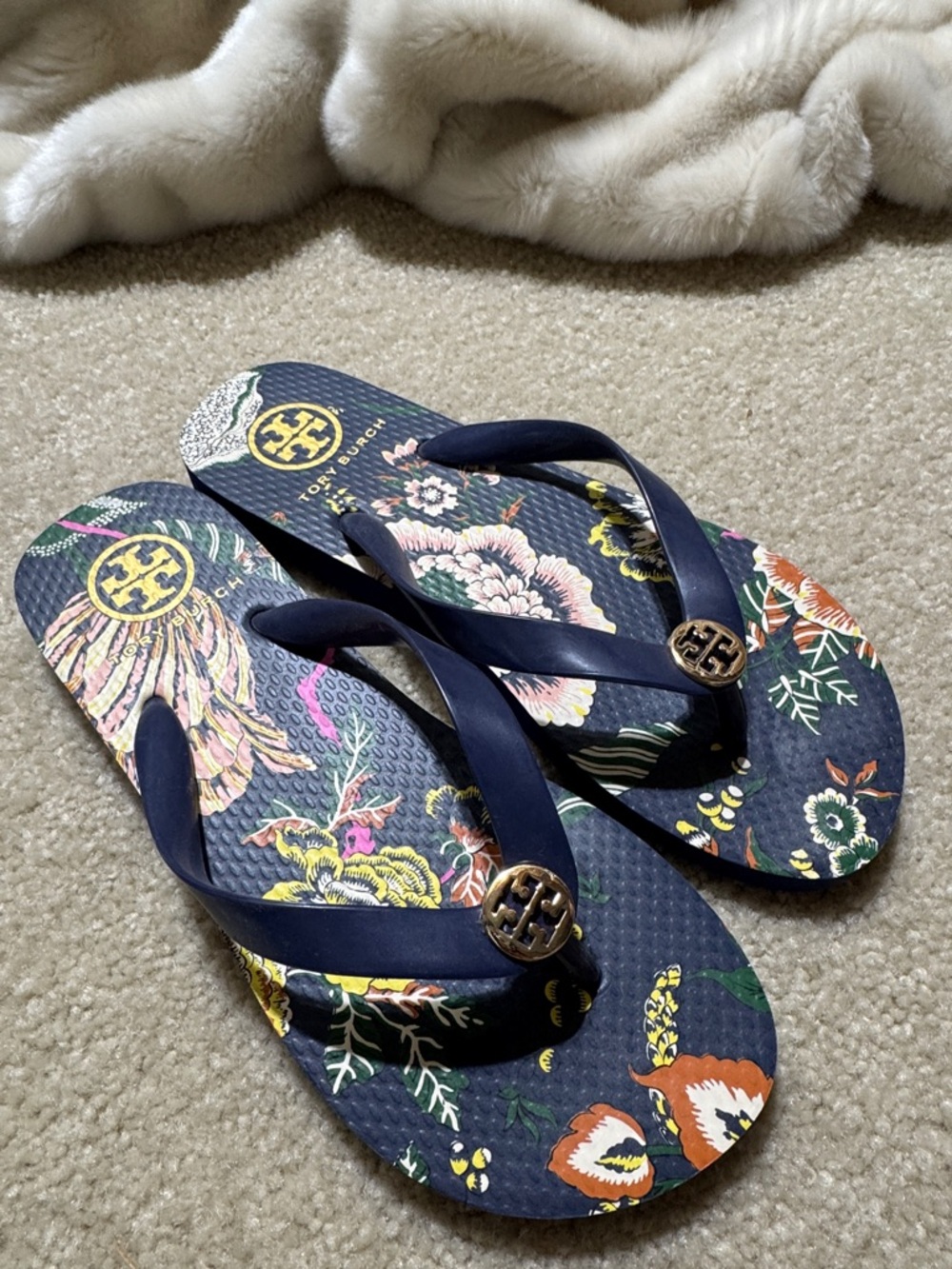 Tory Burch Navy Floral Logo Thong Sandals